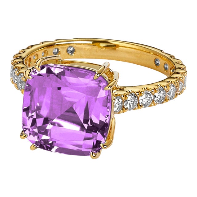 Syna Yellow Gold Amethyst Cushion Ring with Diamonds For Sale
