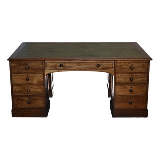 Late 19th Century Rare Victorian Four Sided Quad Pedestal Desk in Flamed Mahogany Green Leather For Sale