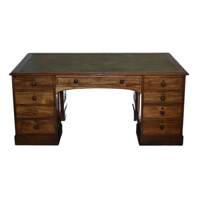 Late 19th Century Rare Victorian Four Sided Quad Pedestal Desk in Flamed Mahogany Green Leather For Sale