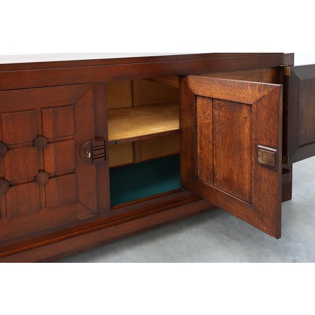 Brown Art Deco Carved Geometric Sideboard in Oak by Charles Dudouyt, 1940 For Sale - Image 8 of 18