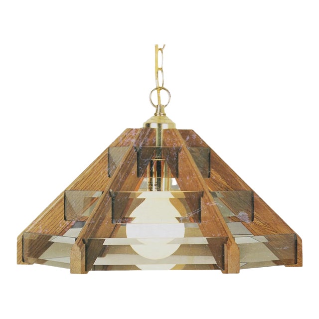 1970s Vintage Pendant Light Swag Lamp Geometric Wood Smoked Beveled Glass For Sale