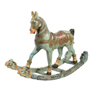 Vintage Hand Carved Wooden Artistically Painted Royal Rocking Horse Sculpture