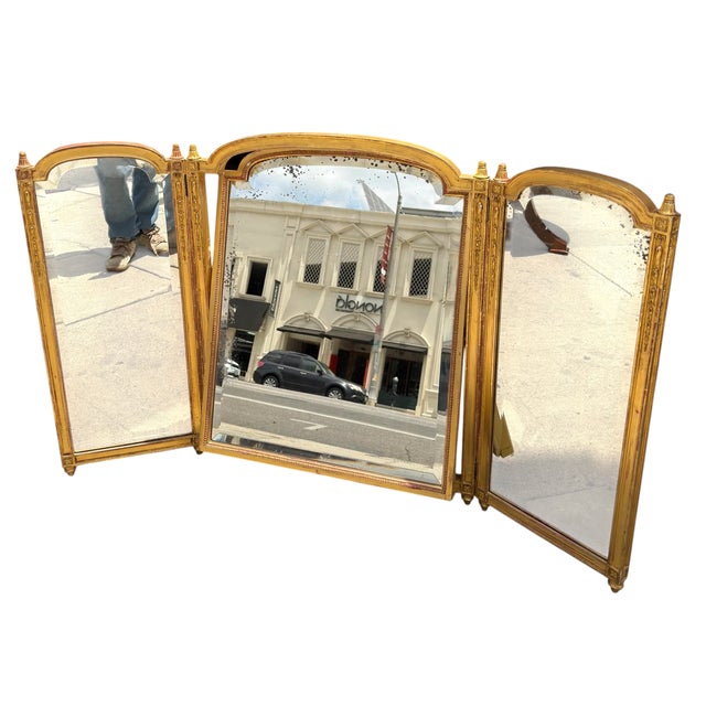 19th Century Antique Louis XVI Style Giltwood Tryptic Vanity Table Mirror For Sale - Image 5 of 5