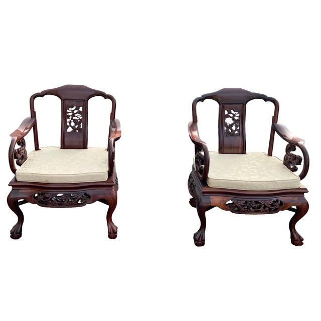 Exquisite Pair of 20th C. Chinese Hand-Carved Rosewood “Imperial Dragon” Armchairs Hongmu Mid Century Anchor your luxury...