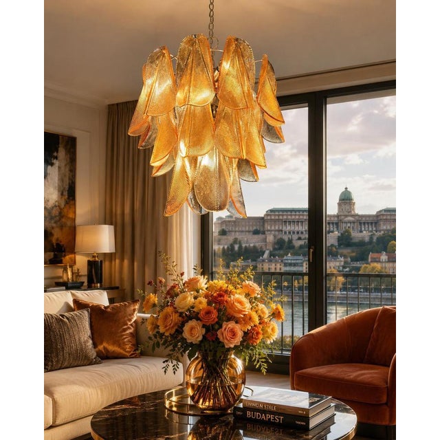 Italian vintage murano chandelier. The fixture is made up of 23 individual handblown tobacco glass elements hanging from a...