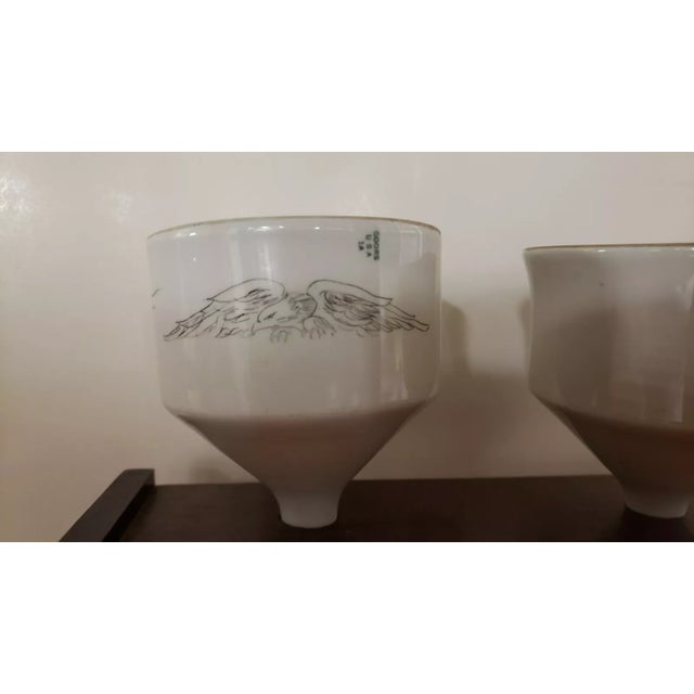 White Pair of 1970s Coors Porcelain Scrimshaw Style Buchner Funnels in Wooden Stand For Sale - Image 8 of 12