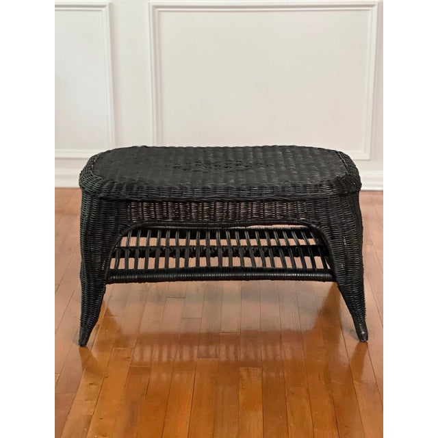 1960s French Small Wicker Woven Coffee Table in Black With Lower Rattan Shelf, C. 1970 For Sale - Image 5 of 16