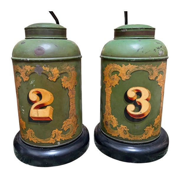 Pair of Antique Tole Tea Canister Table Lamps For Sale - Image 4 of 6