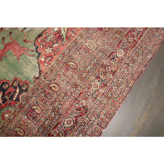Green Hunting Animal Doroksh Persian Distressed Rug , 10'2'' X 12'10'' For Sale - Image 11 of 15