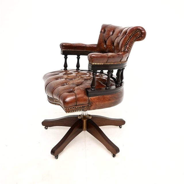 Antique Leather Swivel Captains Desk Chair, 1950s For Sale - Image 4 of 11