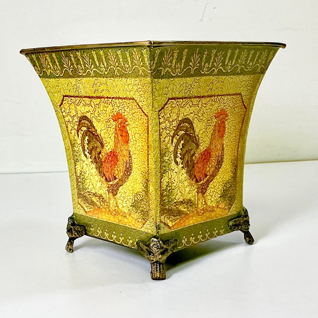 French Country 1980s Vintage Rustic European French Country Boho Chic Tole Metal Chicken Motif Planter. For Sale - Image 3 of 9