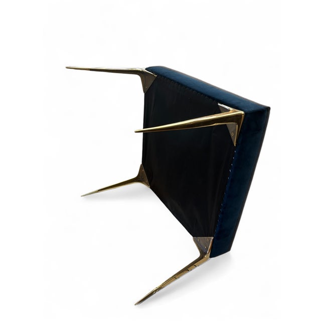 Colette Ottoman in Navy Velvet With Vintage Solid Brass Stiletto Legs For Sale In New York - Image 6 of 6