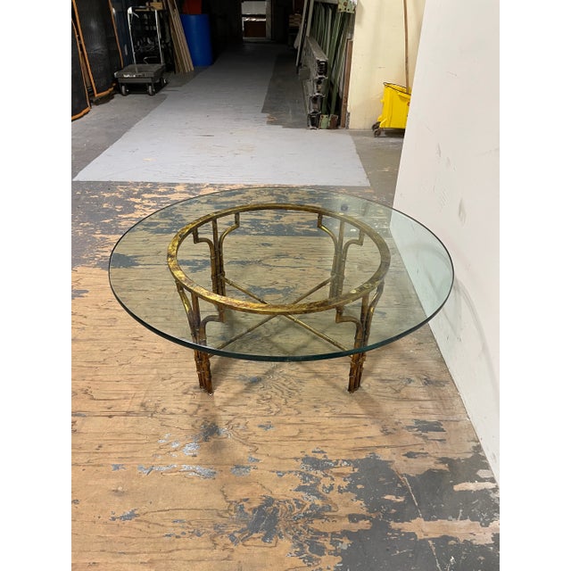 Hollywood Regency Gold Gilt Faux Bamboo & Glass Round Cocktail Table For Sale - Image 4 of 5