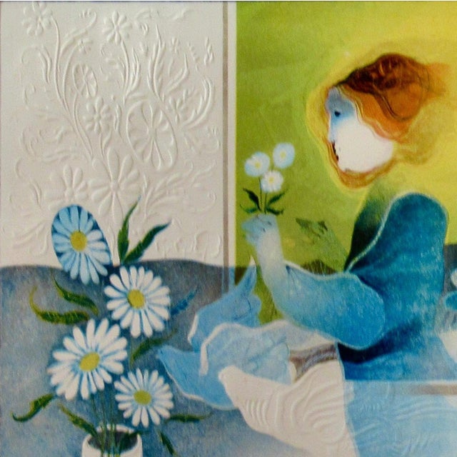 Figurative Sunol Alvar Women With Dove And Flowers C. 1980 Original Print For Sale - Image 3 of 8