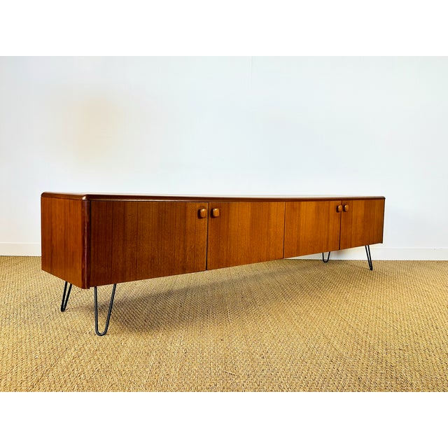 Wood Low Scandinavian Teak Sideboard with 4 Doors and Hairpin Legs, 1960 For Sale - Image 7 of 17