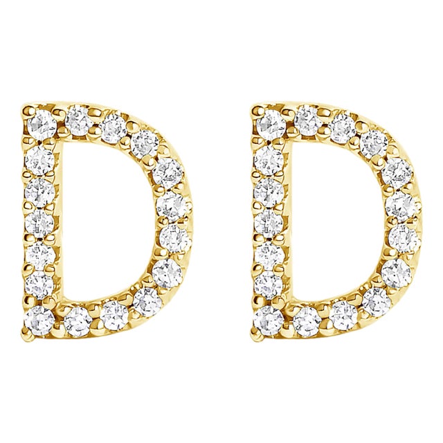 10K Yellow Gold 1/10 Cttw Diamond 'D' Initial Stud Earring For Sale