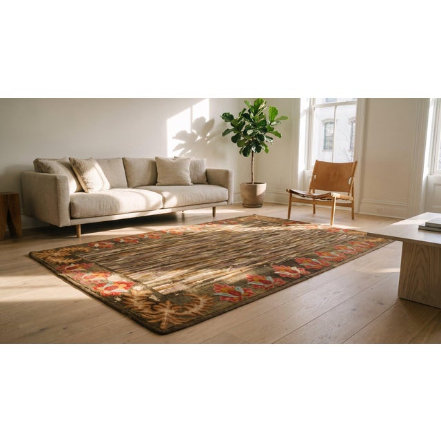 Pretty Sienna-Brown Background With Detail of Folk Art Styles in a Strie Pattern Antique American Hooked Rug For Sale - Image 11 of 13