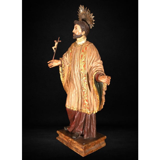 Spanish Artist, Colonial Sculpture of Saint Francis Xavier, 18th Century, Polychrome Wood For Sale - Image 3 of 11