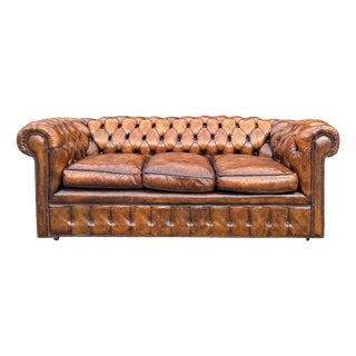Antique Victorian Three-Seater Chesterfield Sofa in Brown Leather, 1880 For Sale