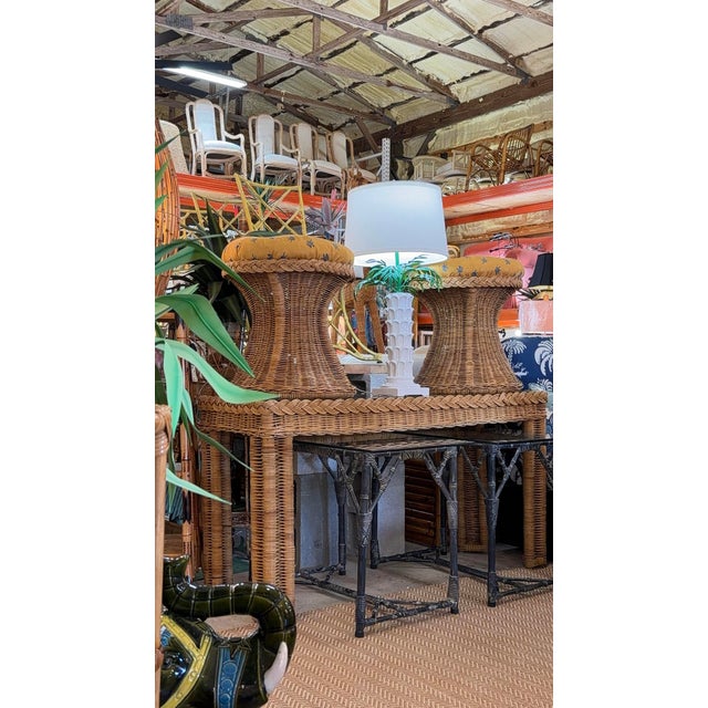 Vintage Coastal Handwoven Manila Rattan Console Table With Matching Ottomans-Set of Three For Sale - Image 12 of 12
