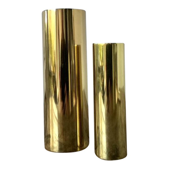 Vintage Boho Brass Cylinder Vases - Set of 2 For Sale