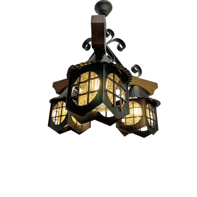 Brown Mid-Century Modern Wrougt Iron and Wood Pendant Lamp, 1970s For Sale - Image 8 of 12