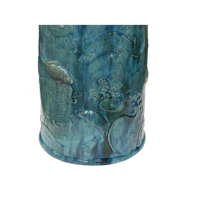 Vintage Distressed Marks Turquoise Green Lotus Fishes Ceramic Holder For Sale - Image 14 of 14