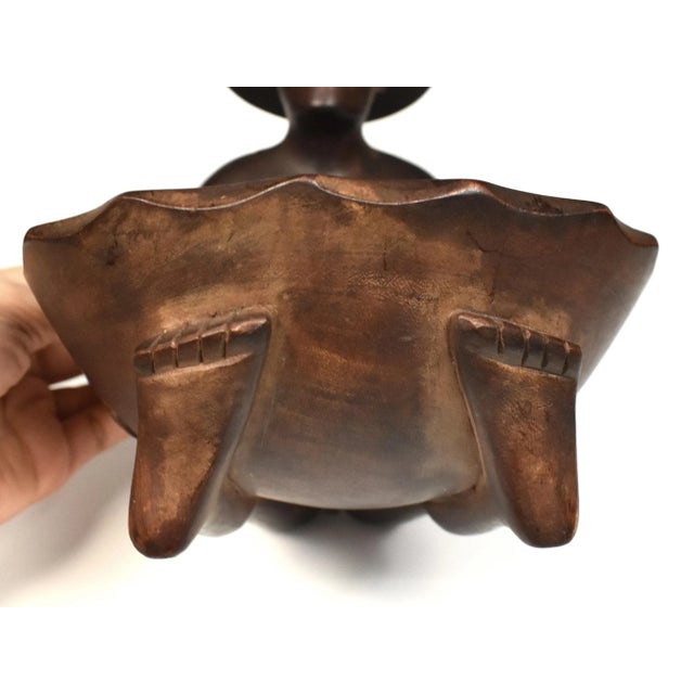 Mid 20th Century Hand Wood Carved Oriental Man Holding Bowl Ashtray For Sale - Image 11 of 12