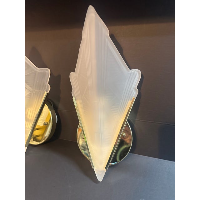 1970s Pair Vintage Art Deco Triangle Glass Brass Wall Light Sconces For Sale - Image 9 of 10