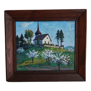 François Gos, Paysage de printemps avec une chapelle, Oil on Canvas, Framed For Sale