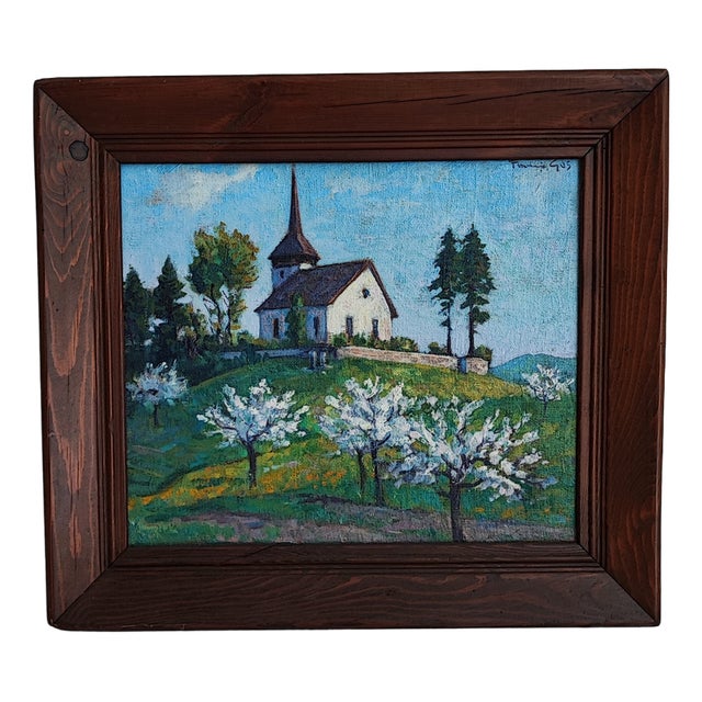 François Gos, Paysage de printemps avec une chapelle, Oil on Canvas, Framed For Sale