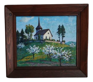 François Gos, Paysage de printemps avec une chapelle, Oil on Canvas, Framed