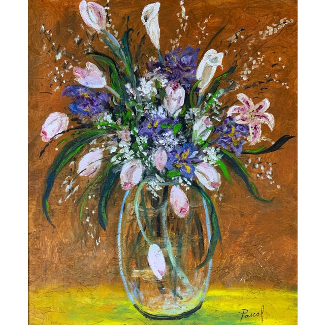 A naturalist floral arrangement is contained in a classic glass vase. Using a lovely color palette, the artist has...