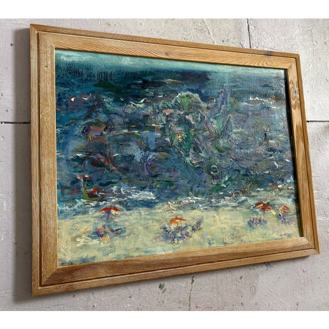 Navy Blue “Beach People”, Original Oil Painting, Framed Coastal Art, One-of-a-Kind For Sale - Image 8 of 10