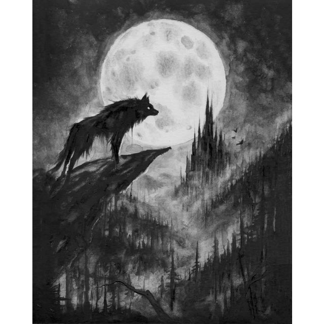 In "Requiem of Regret," a lone wolf stands atop a jagged cliff, silhouetted against the luminous full moon that bathes the...
