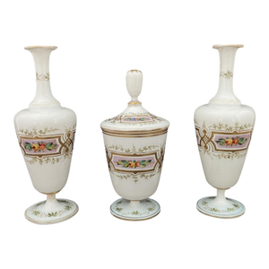 Late 19th Century White Blown Glass Opaline Glass, European Origin, Bud Vases & Jar With Lid Vanity Set- 3 Pieces