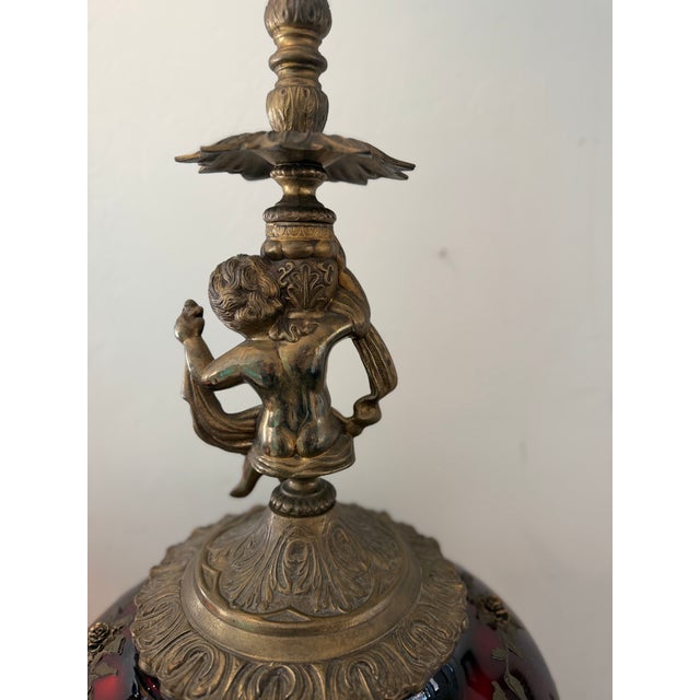 Late 20th Century Tall Figural Cherub Table Lamps | Ruby Red Glass & Brass | Victorian / Hollywood Regency | 37.5” - a Pair For Sale - Image 10 of 18
