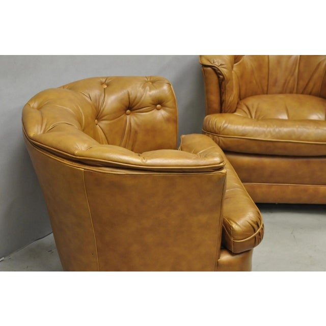 Vintage Classic Leather Chesterfield Brown Tufted Leather Barrel Club Chair Pair For Sale - Image 10 of 14