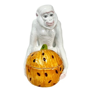 1950s Vintage Majolica Chinoiserie Hollywood Regency Figural Monkey With Pumpkin After Chelsea House, Halloween & Thanksgiving For Sale