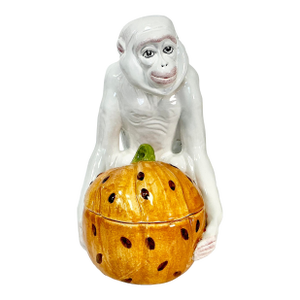 1950s Vintage Majolica Chinoiserie Hollywood Regency Figural Monkey With Pumpkin After Chelsea House, Halloween & Thanksgiving
