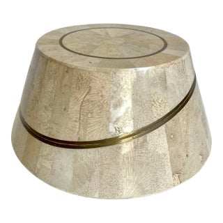 Modern Round Tessellated Travertine Stone and Brass Box With Slanted Lid For Sale