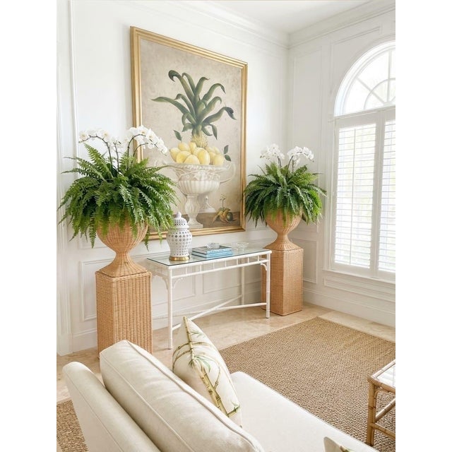 Pair of Vintage Natural Wicker Urn Planters With Pedestal Plinths For Sale - Image 11 of 12