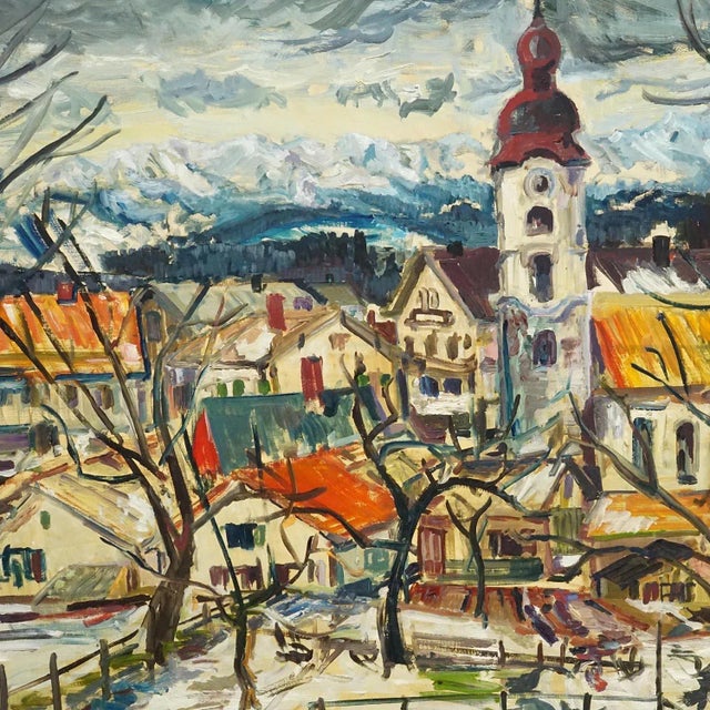 Vintage Oil Painting of a Bavarian Village, Alexander Michael 1973 For Sale - Image 6 of 8