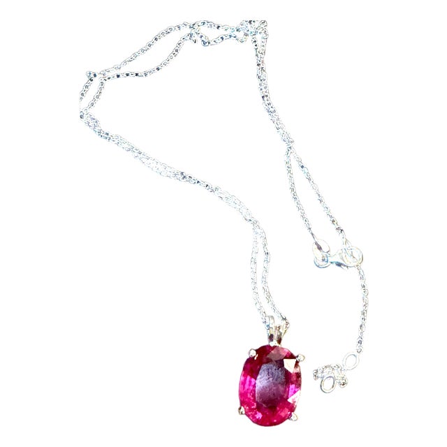 5 Carat Oval Cut Natural Pink Tourmaline 14 Karat White Gold Necklace, 18" Long For Sale