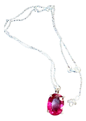 5 Carat Oval Cut Natural Pink Tourmaline 14 Karat White Gold Necklace, 18" Long