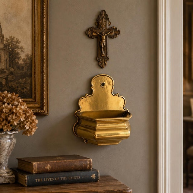 Mid-20th Century Italian Brass Holy Water Wall Pocket Font For Sale - Image 9 of 9