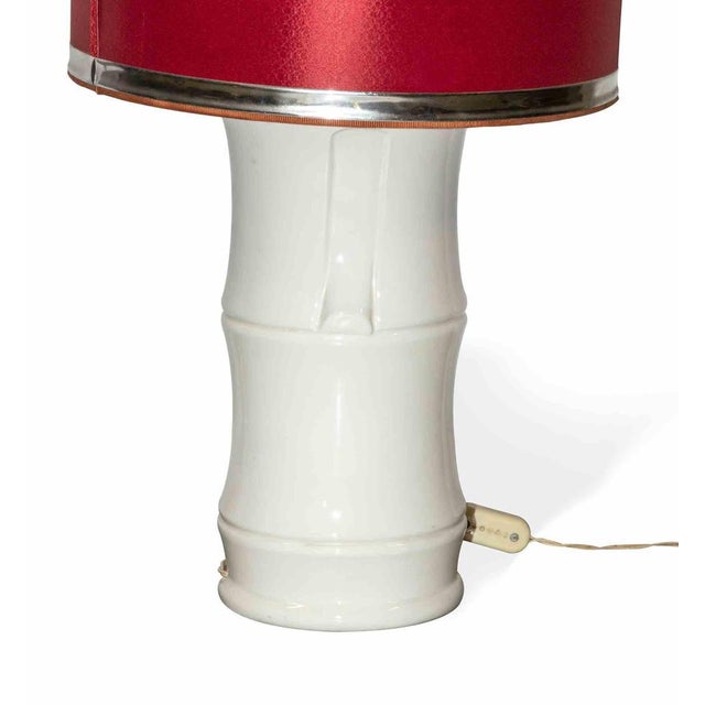 Vintage Bamboo Table Lamp in Ceramic and Brass with Red Shade, Italy, 1970s For Sale - Image 3 of 5
