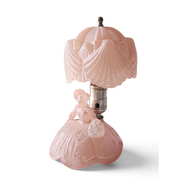 This is a great Art-Deco styled colored pink opaque glass "Southern Belle" boudoir lamp, 1940s, made by L.E. Smith Glass...