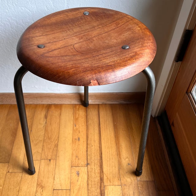 Brown 1950s Stalmobler Mid Century Danish 3 Leg Dot Stools Pair Steel Teak MCM For Sale - Image 8 of 18