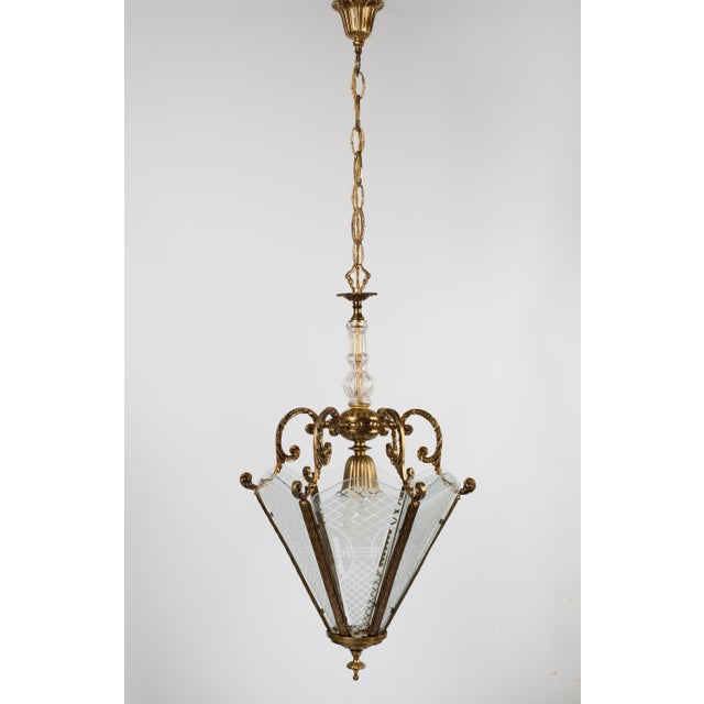French 1950s Large Brass & Etched Glass Hall Lantern Ceiling Light For Sale - Image 3 of 12